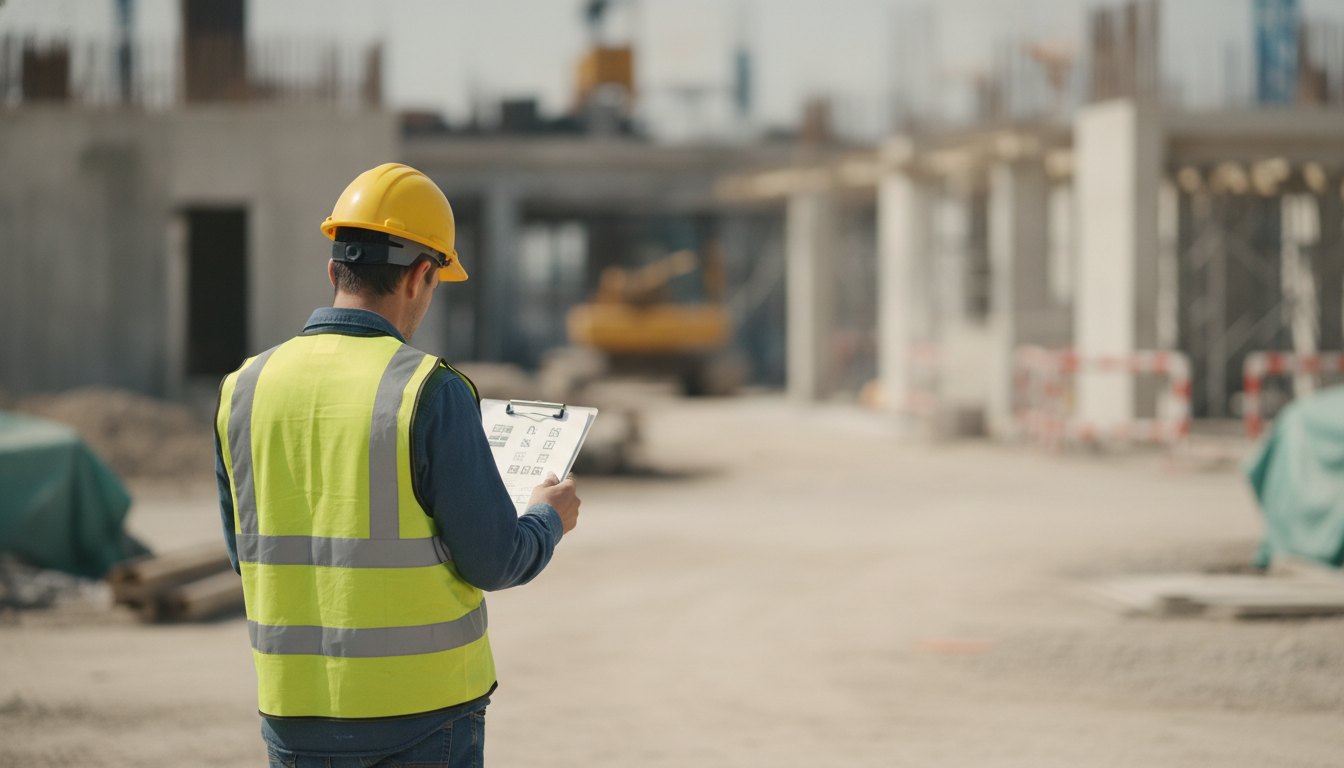 Trabalhador com capacete de proteção e prancheta analisando normas de segurança em canteiro de obras.