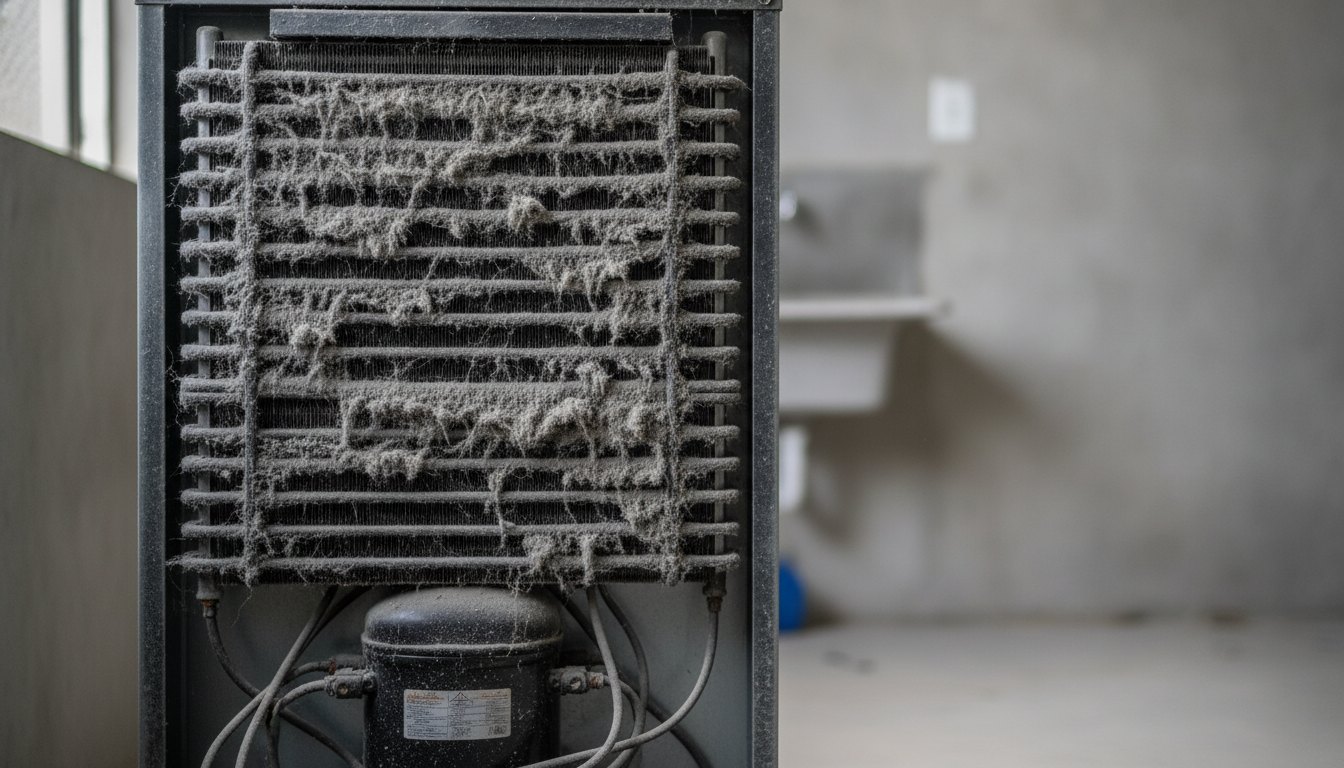 Grade traseira de uma geladeira com excesso de poeira acumulada nos tubos de metal preto.
