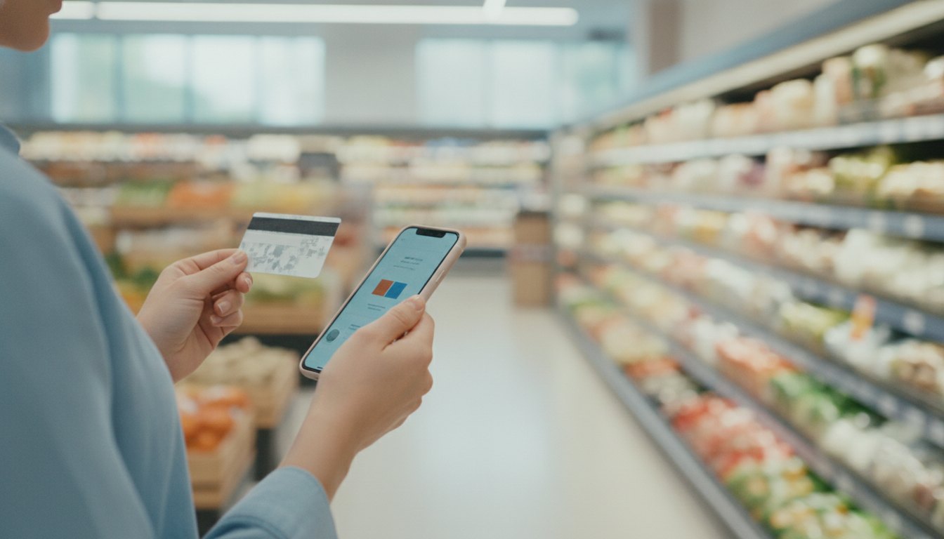 Mulher segura um cartão de crédito enquanto olha a tela do celular em um supermercado.