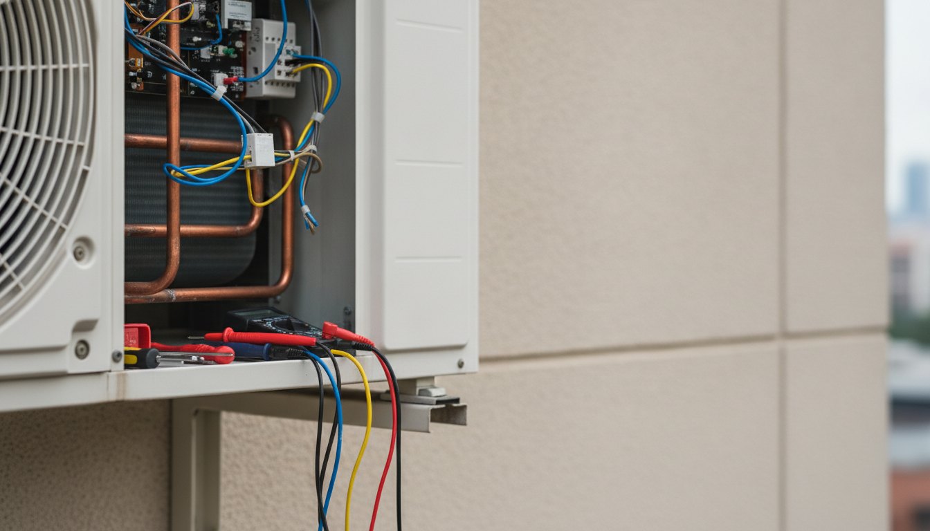 Técnico com ferramentas inspecionando a fiação elétrica de uma unidade externa de ar-condicionado na parede.