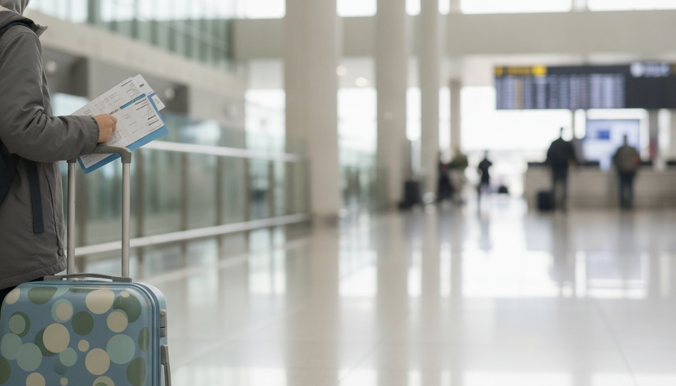 Criança segurando mala de rodinhas e documentos de embarque no saguão de um aeroporto.