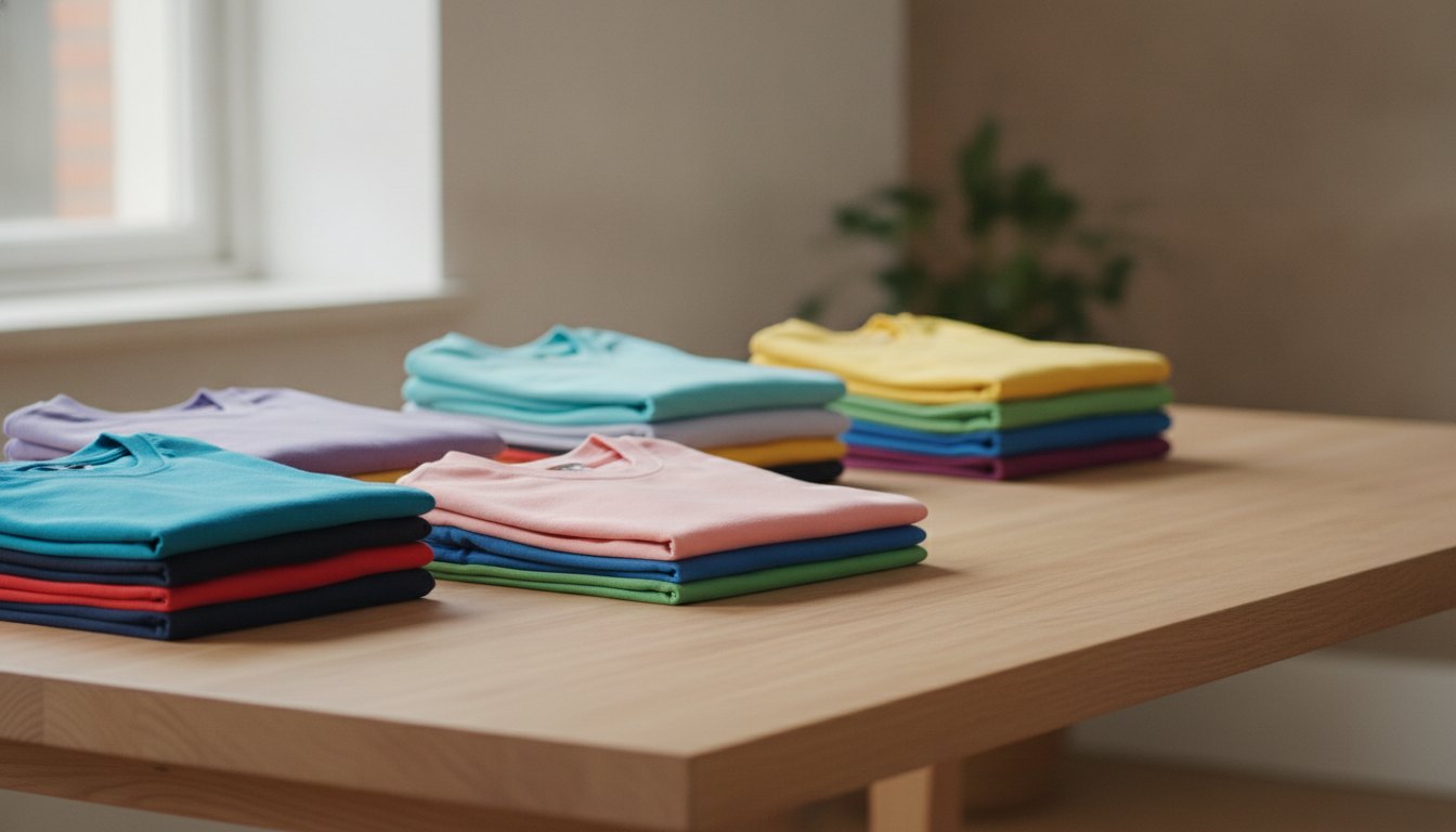 Mãos dobrando camisetas coloridas sobre uma mesa de madeira iluminada pela luz do dia.