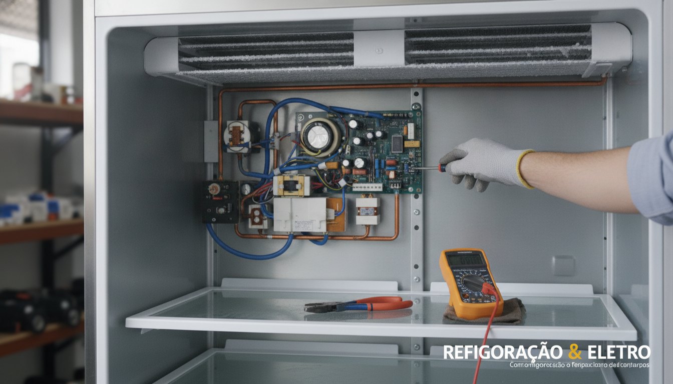 Técnico de manutenção inspecionando o painel interno de um refrigerador aberto com ferramentas na mão.
