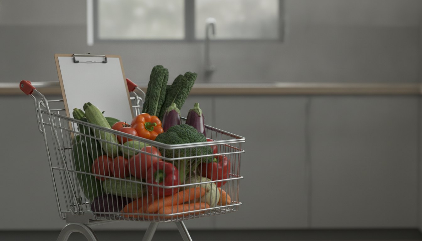 Carrinho de supermercado com legumes frescos e uma prancheta com lista de compras no topo.