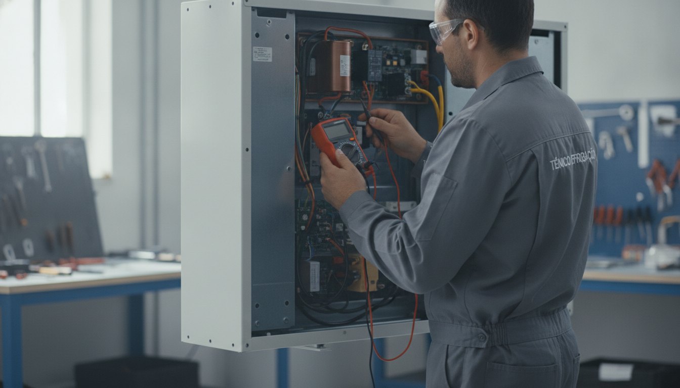 Técnico de uniforme utilizando um multímetro para testar os componentes elétricos de um aparelho de ar-condicionado.