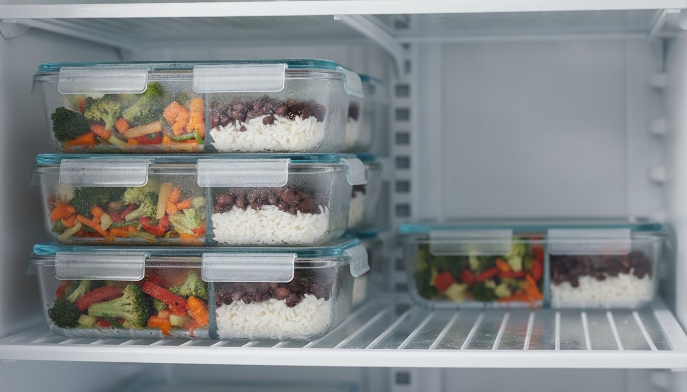 Recipientes de vidro retangulares com porções de arroz, feijão e legumes empilhados na prateleira do congelador.
