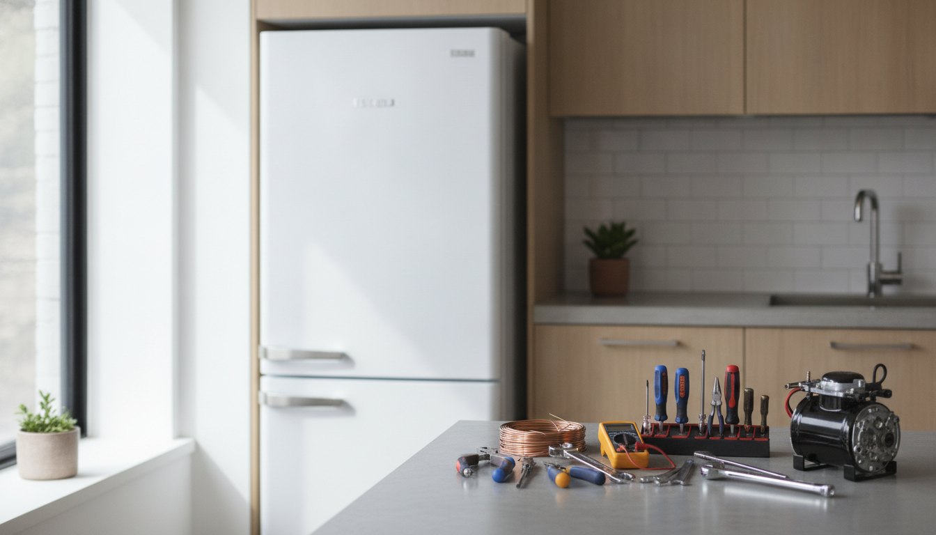 Eletrodoméstico branco em cozinha com ferramentas de reparo ao lado