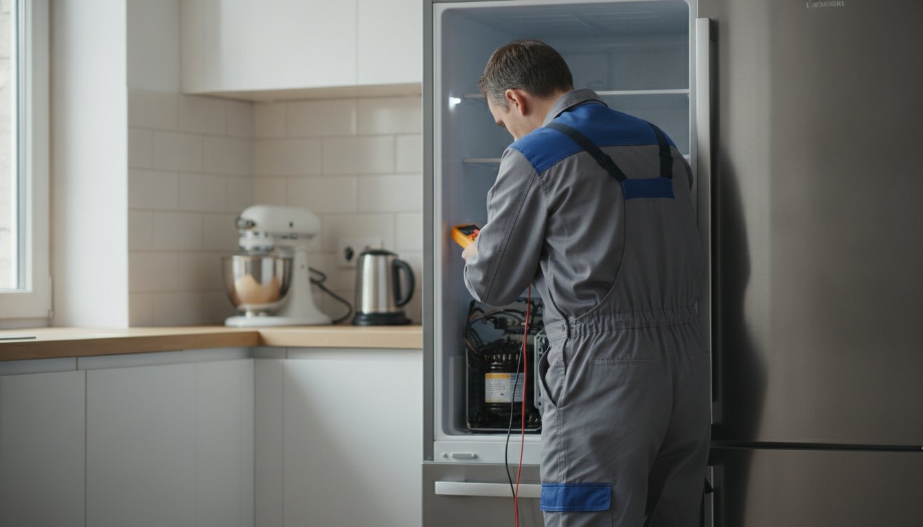 Homem de uniforme analisando o motor de uma geladeira com um multímetro em uma cozinha.