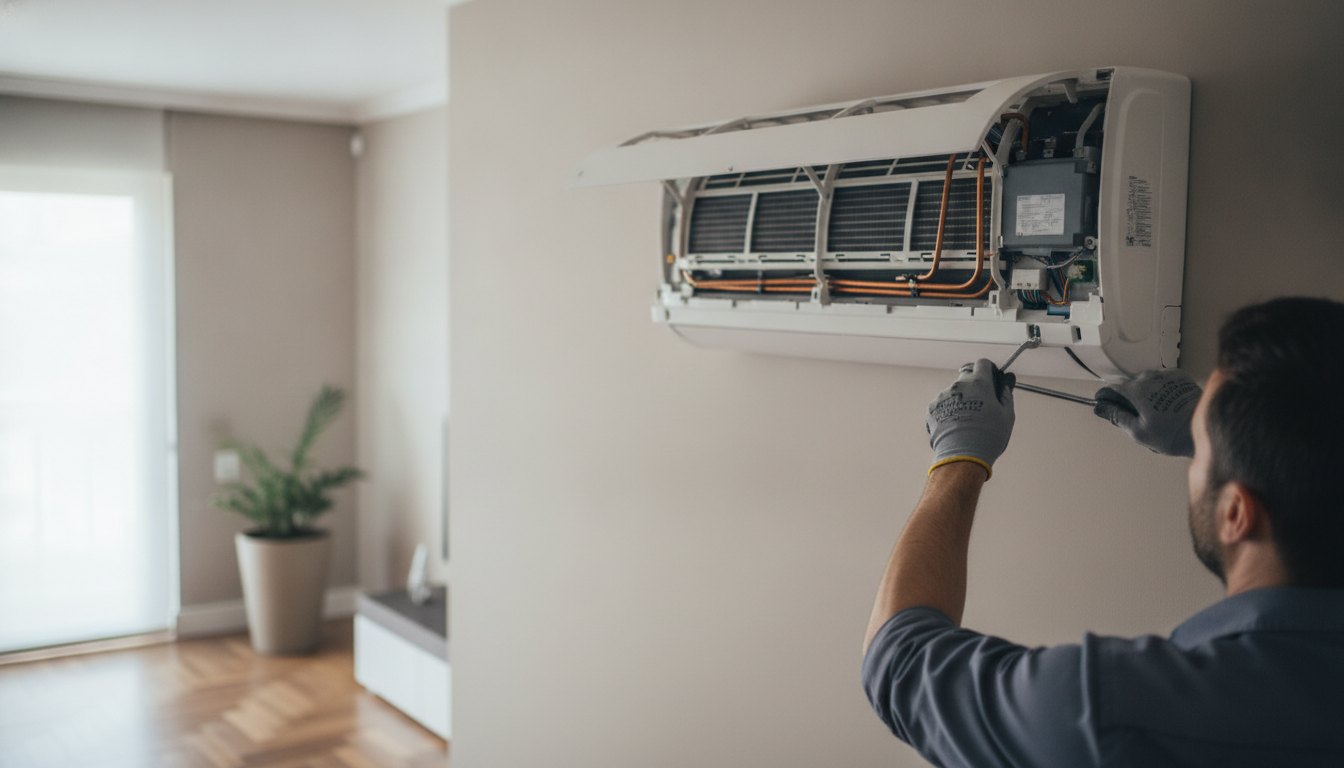 Técnico ajustando a unidade evaporadora de um ar-condicionado split na parede de uma sala.