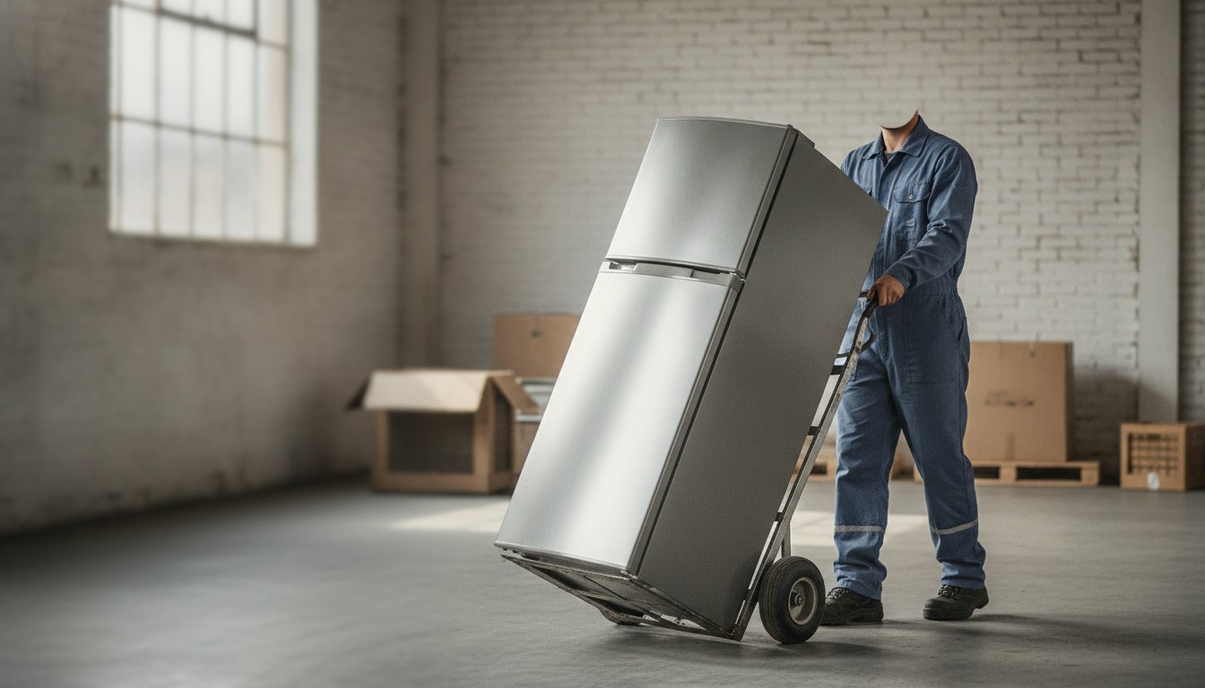 Homem com uniforme de trabalho transportando uma geladeira metálica em um carrinho de carga manual.