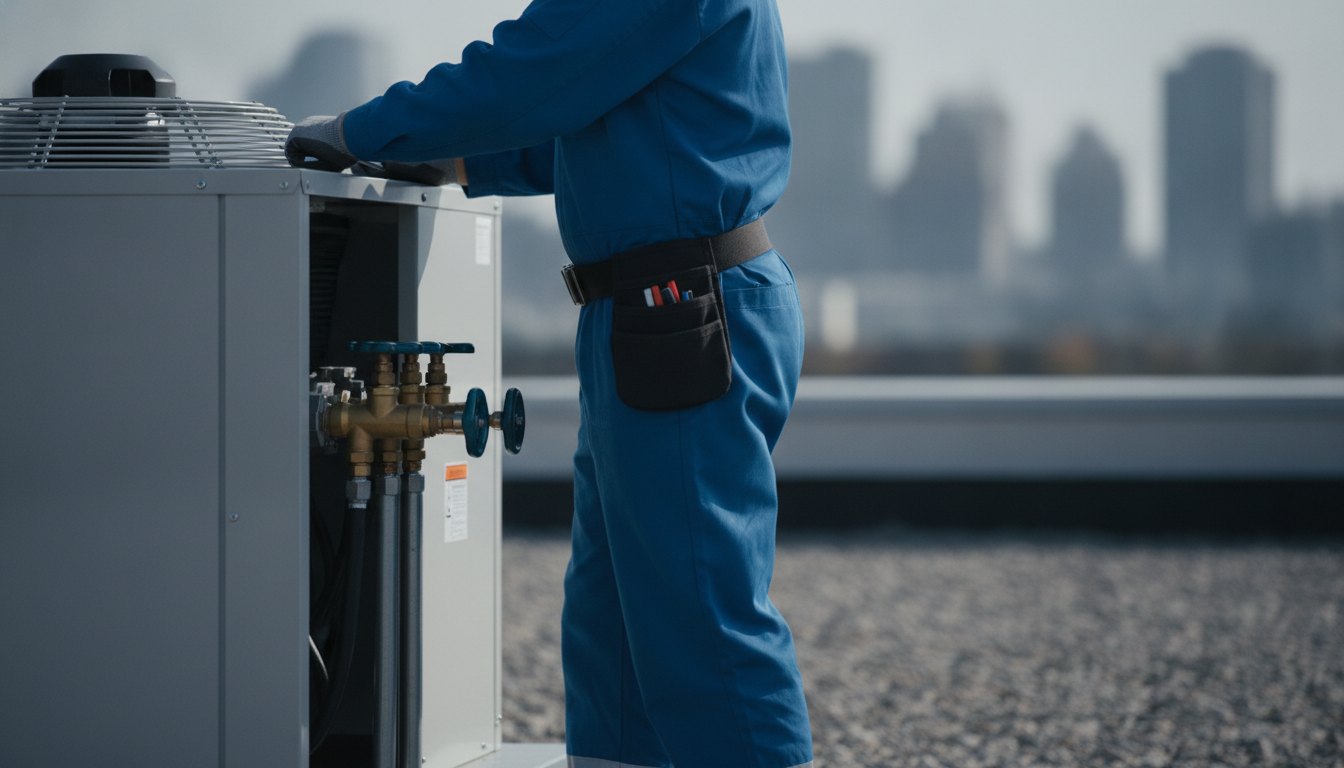 Técnico de uniforme azul ajustando as válvulas de um motor de ar-condicionado externo.