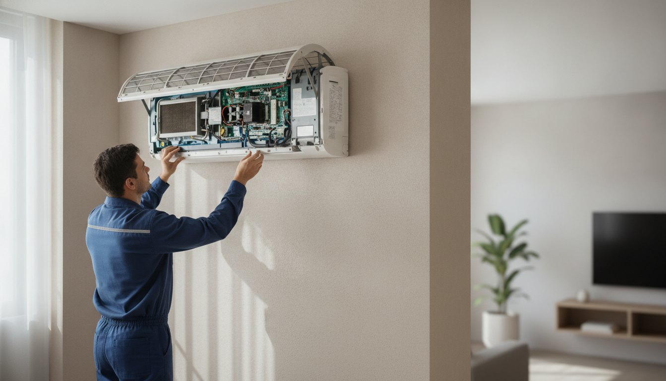Técnico de uniforme azul inspecionando o painel interno de um ar-condicionado residencial aberto.
