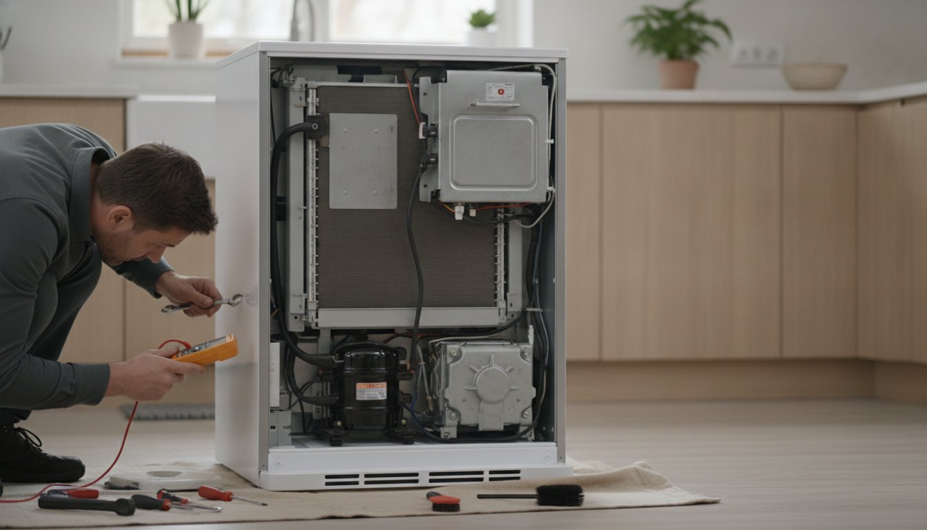 Homem com ferramentas inspecionando a parte traseira de um refrigerador doméstico branco em uma cozinha