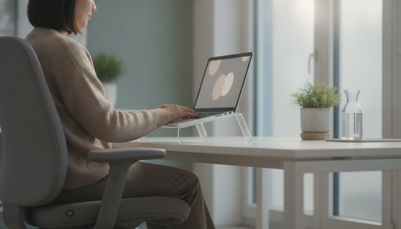Mulher sentada em cadeira de escritório ajustável digitando em um notebook apoiado em suporte elevado.