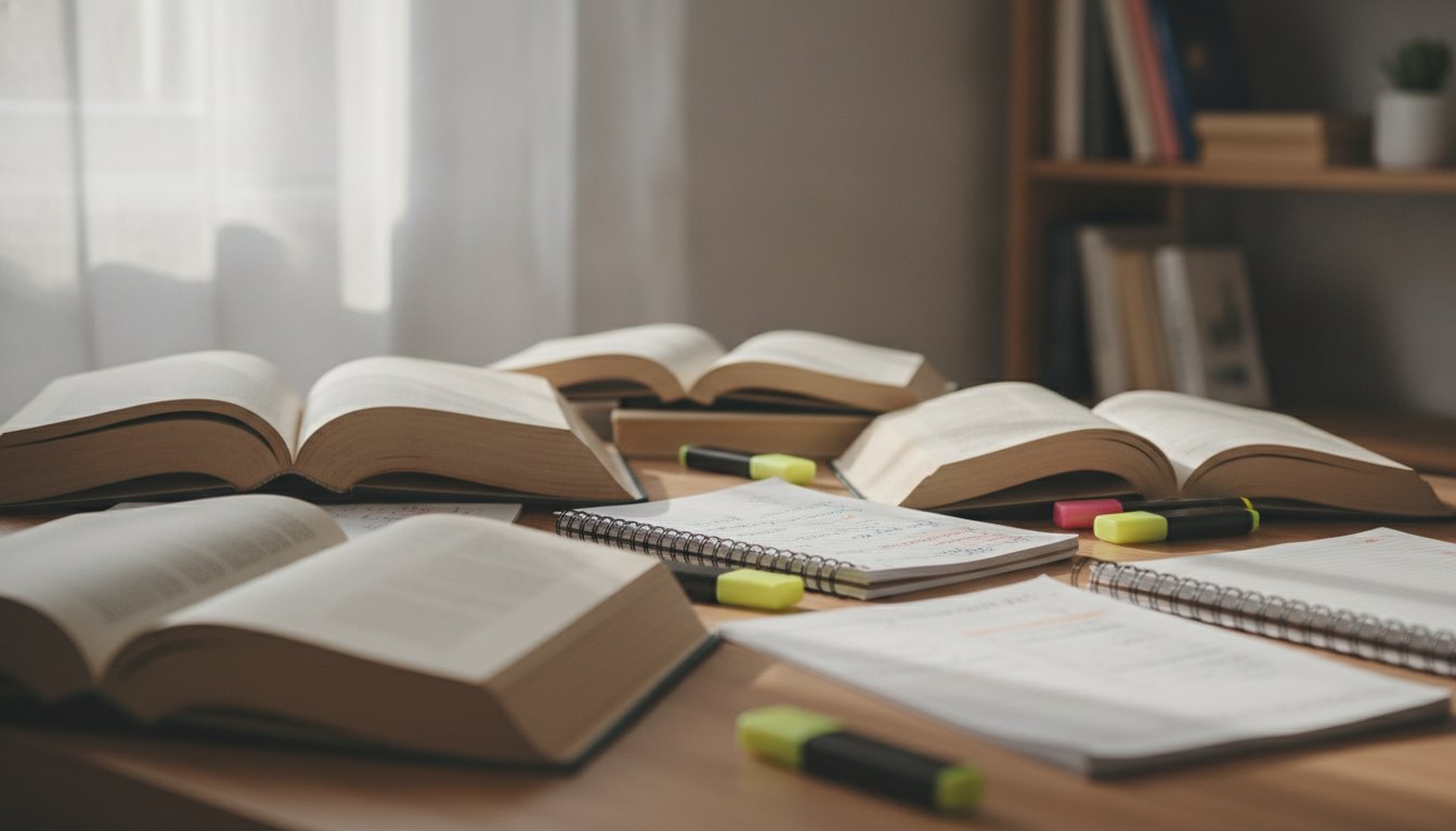 Candidato sentado à mesa com livros abertos, cadernos de anotações e marcadores de texto coloridos.