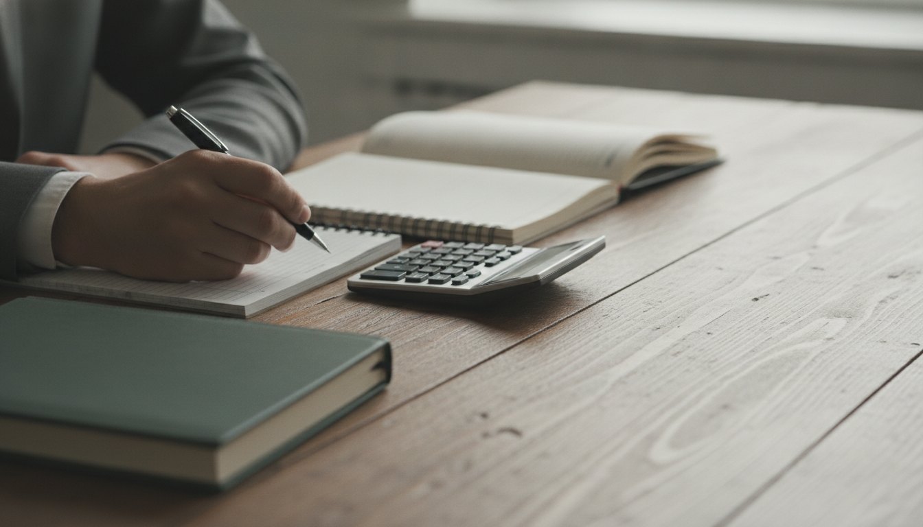Pessoa segurando caneta sobre cadernos de anotações financeiras e calculadora em uma mesa de madeira.