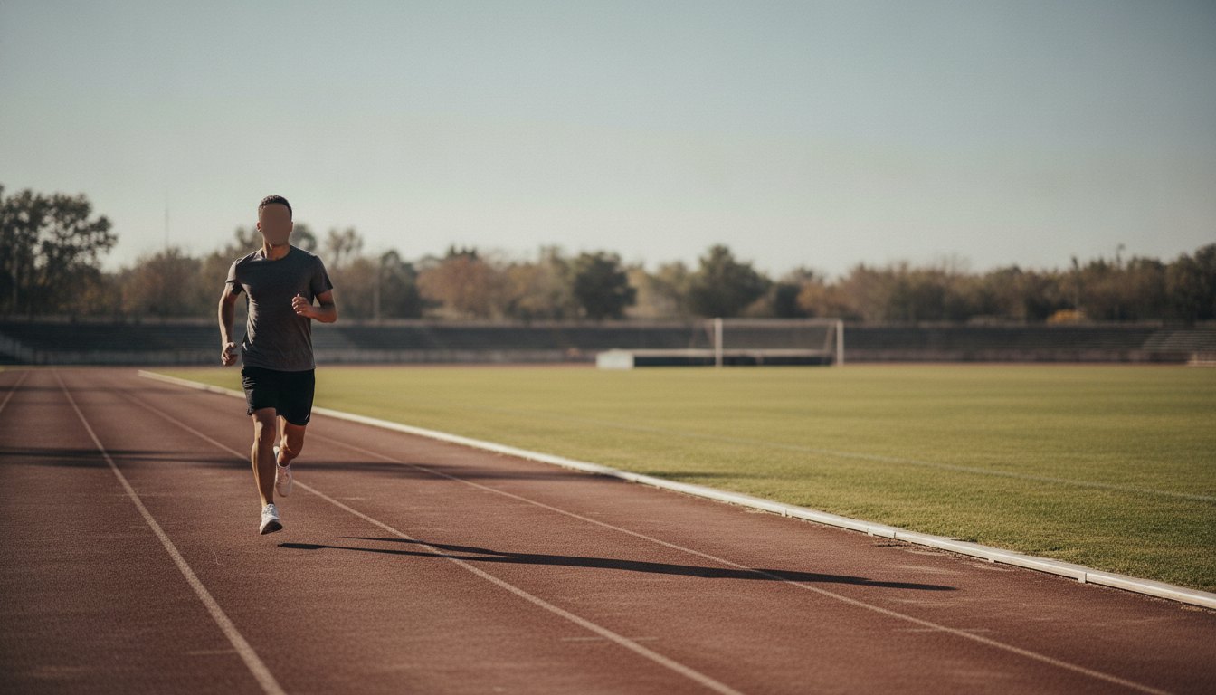 Candidato correndo em uma pista de atletismo durante o dia enquanto veste roupas esportivas leves.