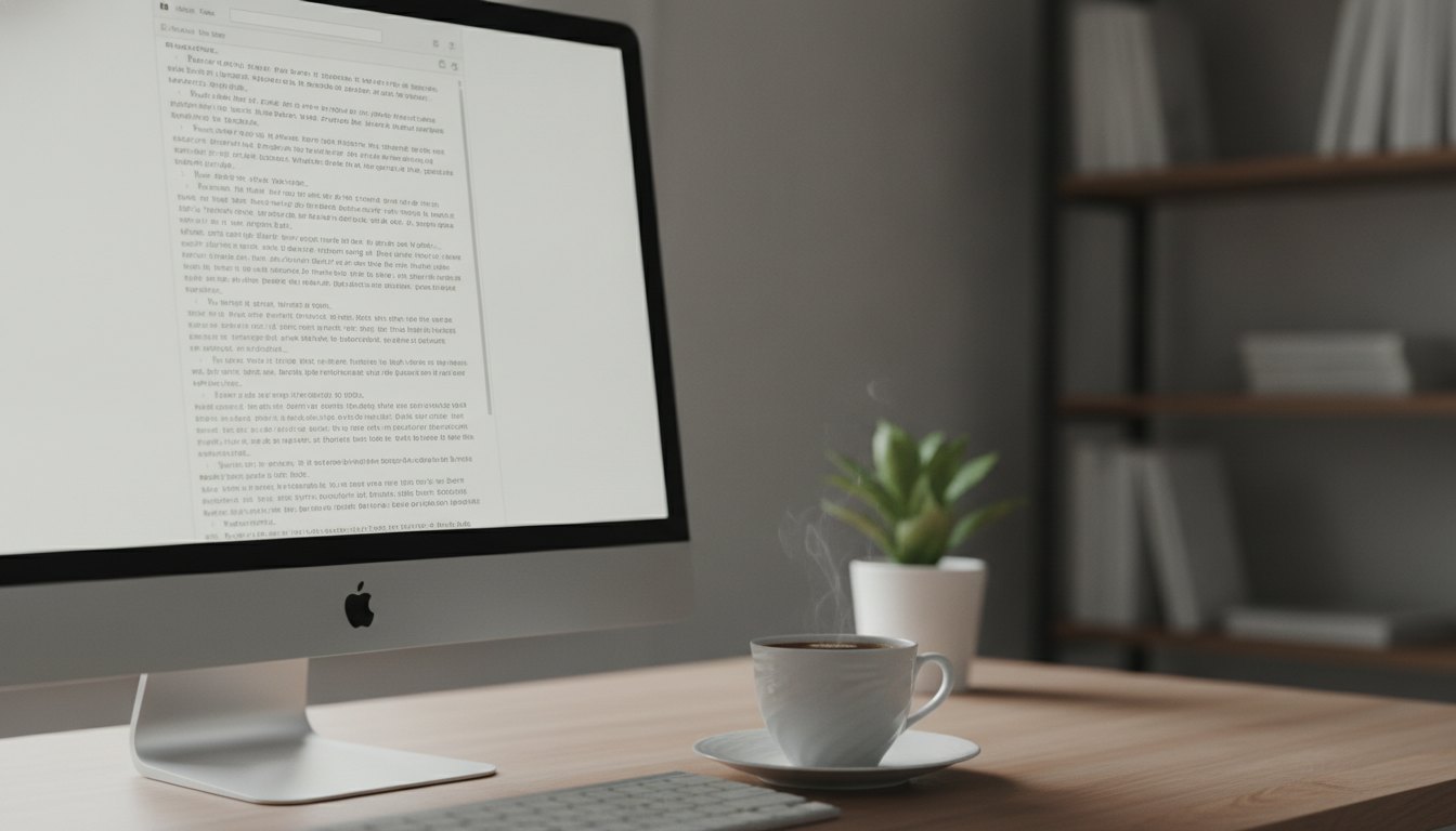Tela de computador exibindo um documento de texto ao lado de uma xícara de café.