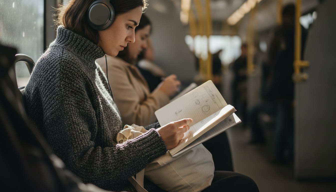 Mulher sentada no transporte público lendo um caderno de anotações com fones de ouvido.