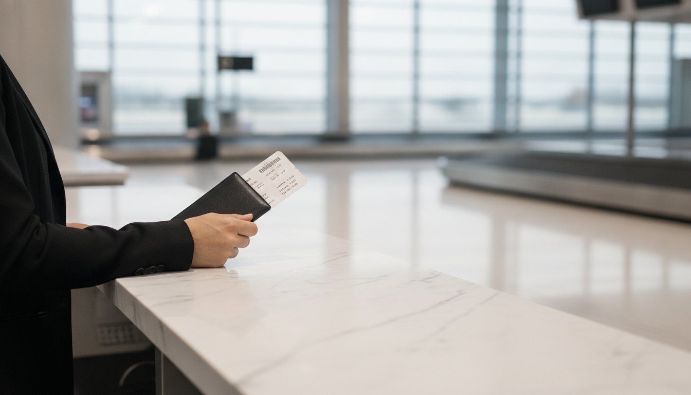 passageiro em pé no balcão de atendimento do aeroporto segurando documentos de viagem
