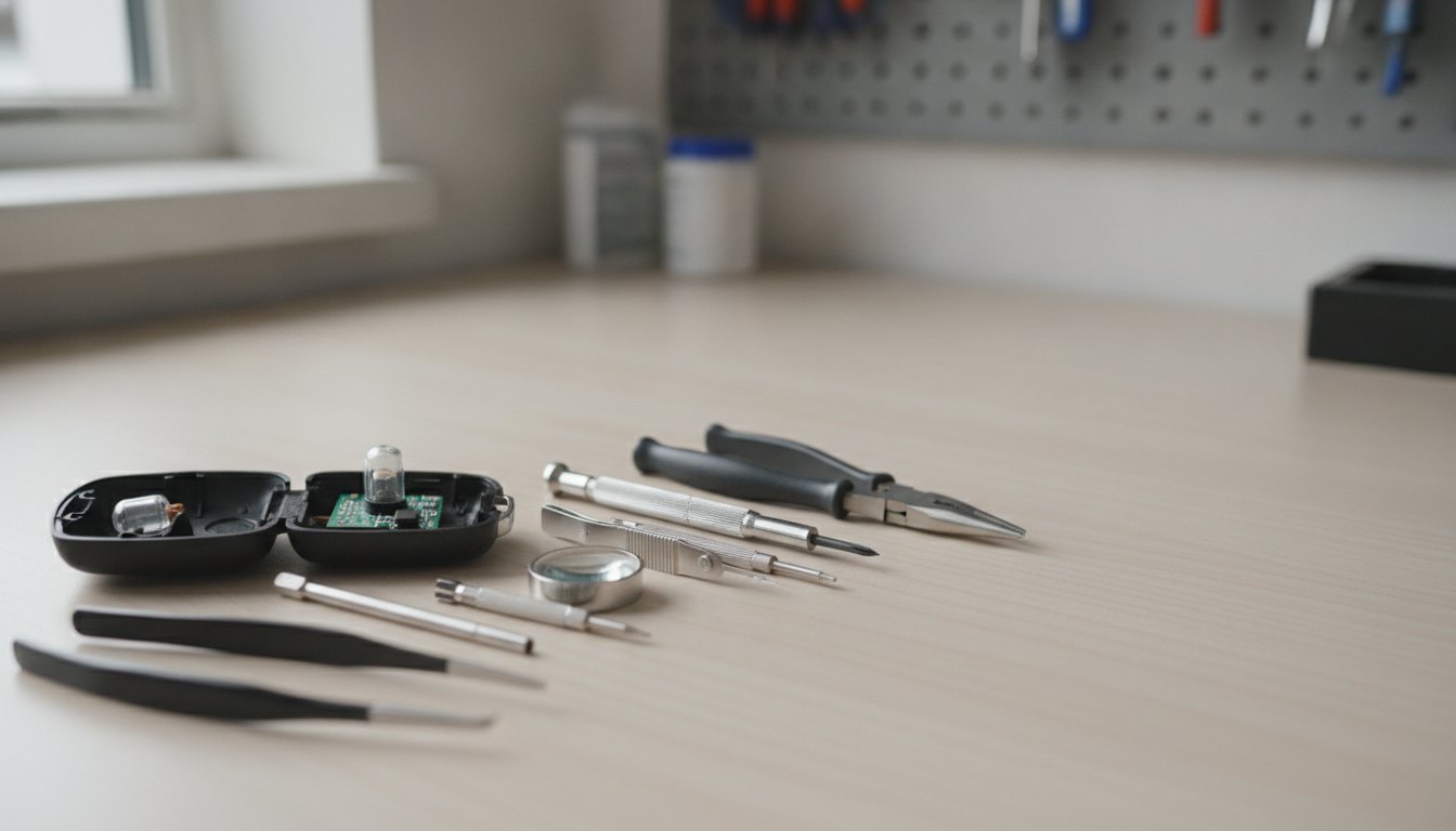 Chave codificada desmontada sobre uma mesa de trabalho com ferramentas de precisão ao lado.