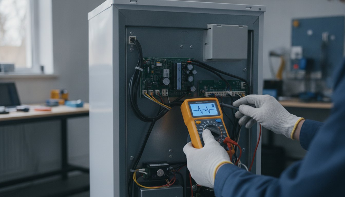 Técnico com luvas medindo a tensão elétrica na parte traseira de um equipamento doméstico.