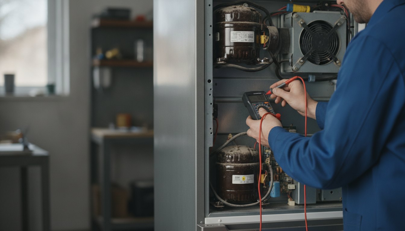 Técnico com multímetro testando os componentes elétricos na parte traseira de um refrigerador residencial.