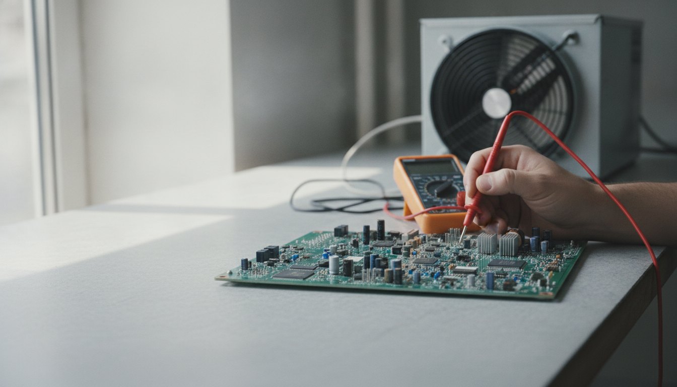 Técnico realizando testes com multímetro em uma placa de circuito impresso sobre uma bancada iluminada.