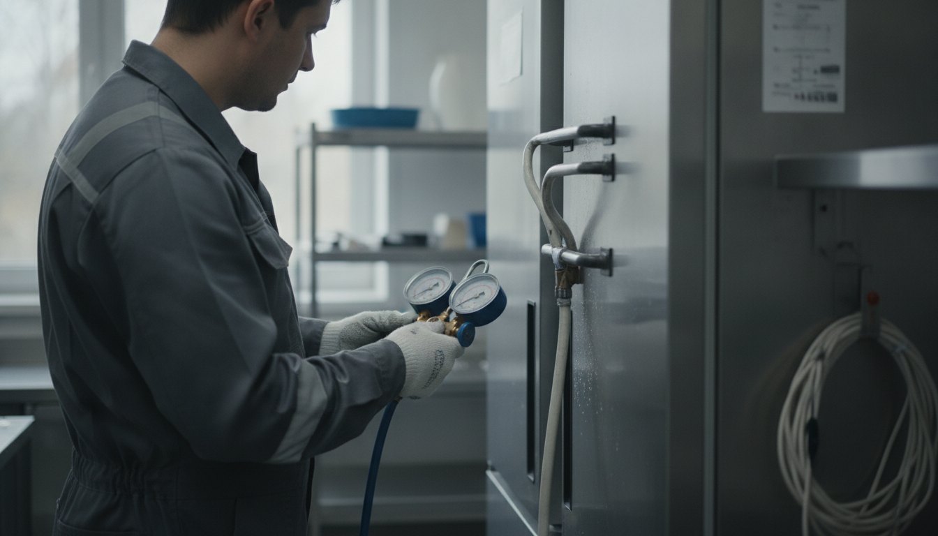 Homem de uniforme segurando um manômetro enquanto inspeciona os tubos traseiros de uma geladeira metálica.