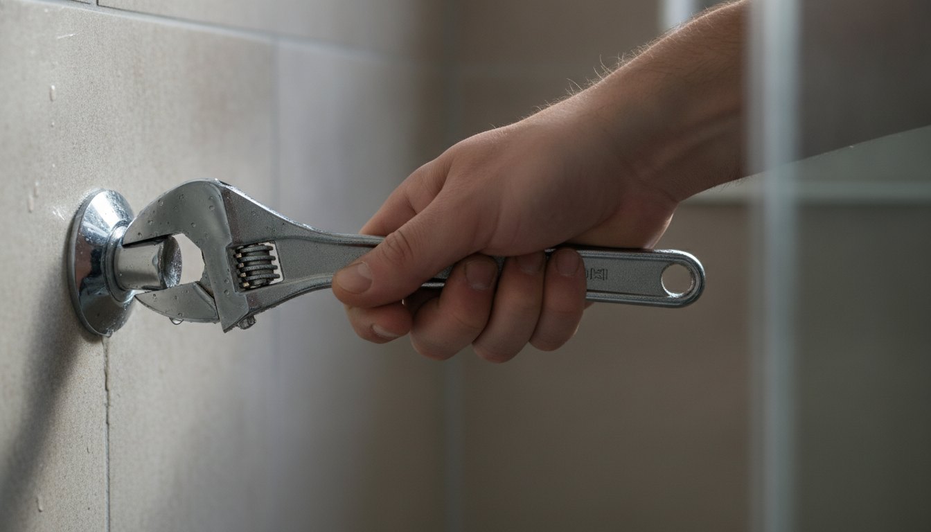 Mão segurando uma chave inglesa ajustando a base metálica de um registro de chuveiro na parede.