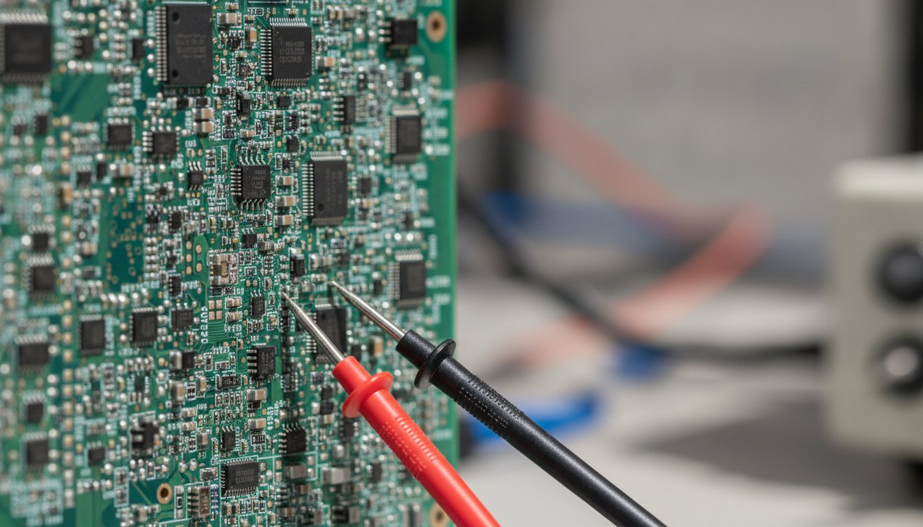 Placa de circuito impresso verde com pequenos componentes sendo testada por pontas de prova metálicas.