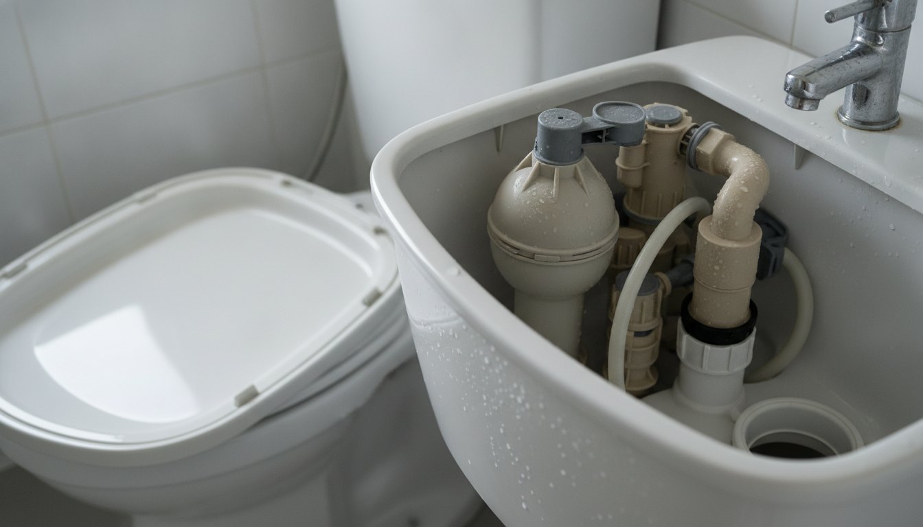 Mecanismo interno de uma caixa acoplada de vaso sanitário aberta para manutenção hidráulica.