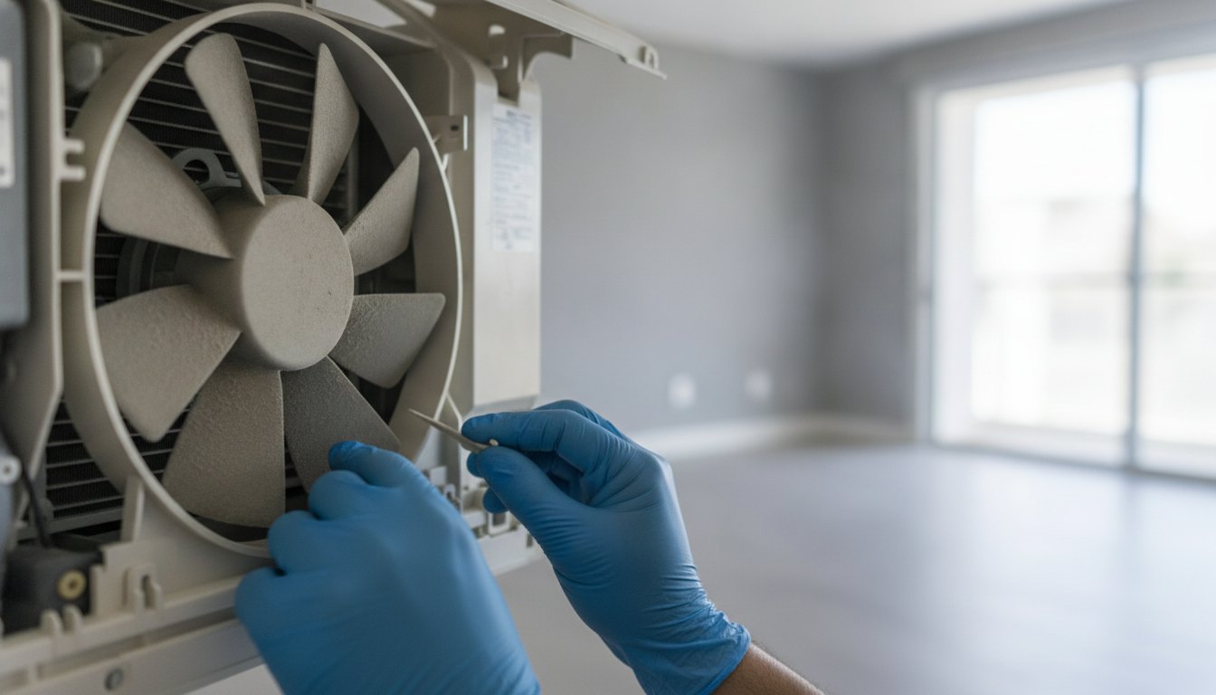 Técnico com luvas inspeciona as hélices do ventilador interno de uma unidade de ar-condicionado.