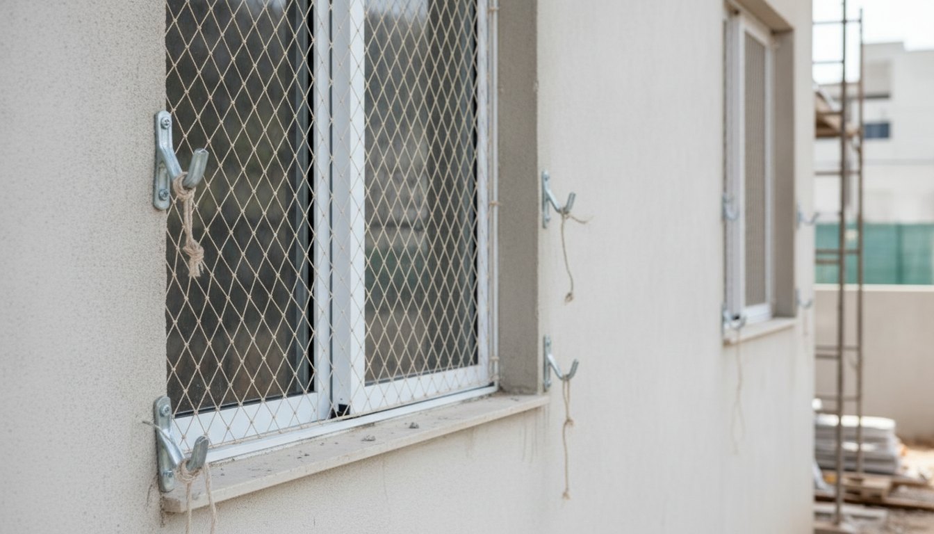 Janela de alumínio branca com rede de proteção instalada e ganchos fixados na parede externa.