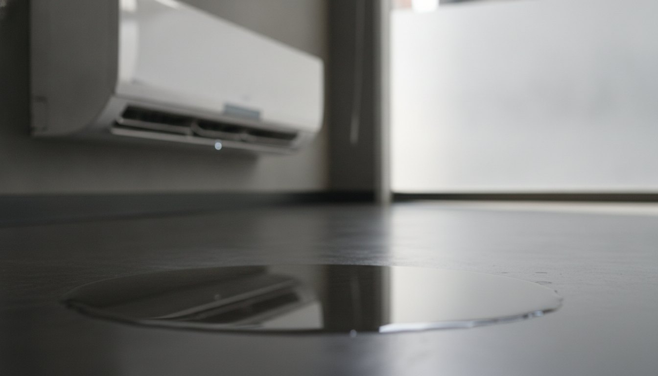 Poça de água limpa no piso escuro logo abaixo de um ar-condicionado branco de parede.