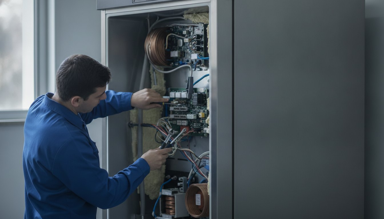 Técnico de uniforme azul utilizando ferramentas manuais para inspecionar o painel de uma geladeira metálica.