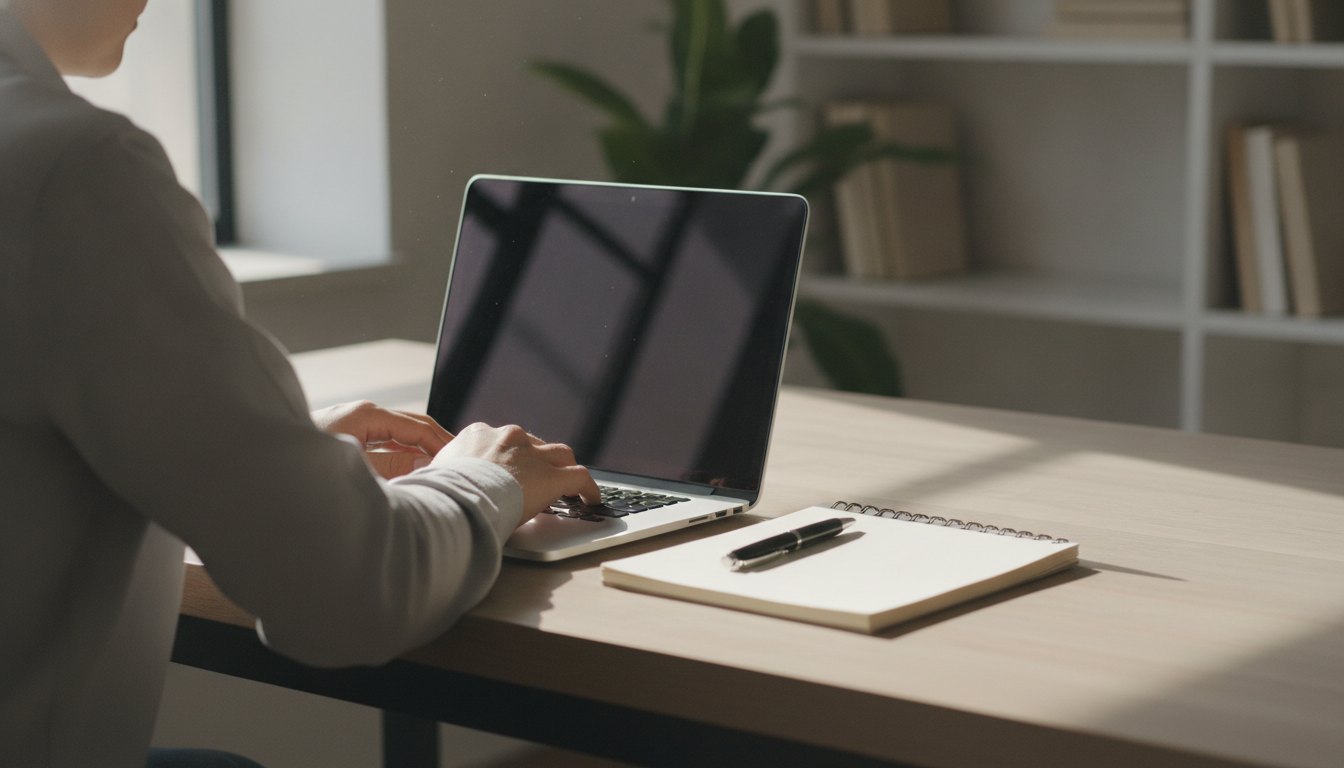 Mulher sentada à mesa digitando no notebook com um caderno de anotações ao lado.