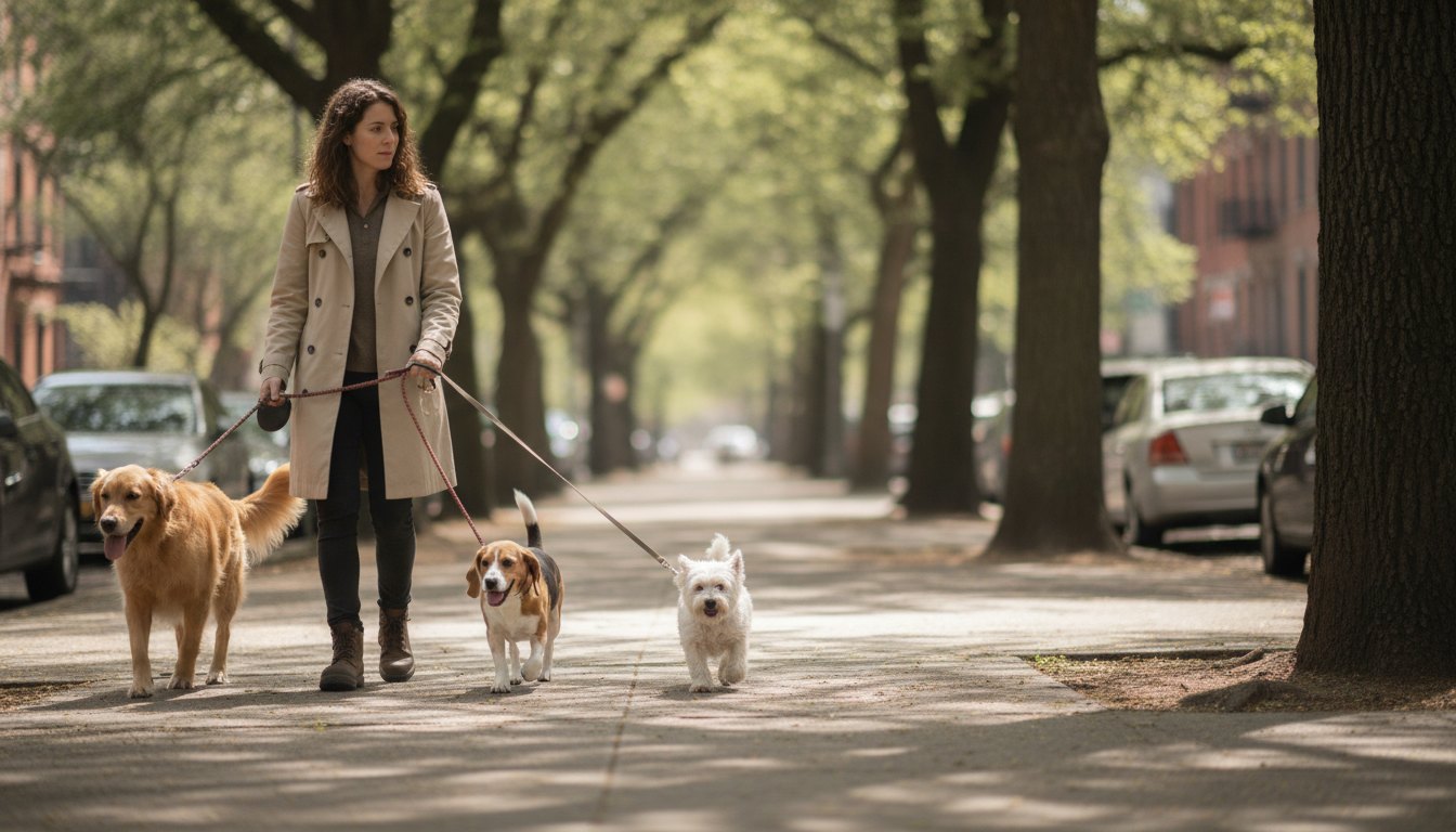 Pessoa caminhando com três cachorros de diferentes portes em uma calçada arborizada durante o dia.
