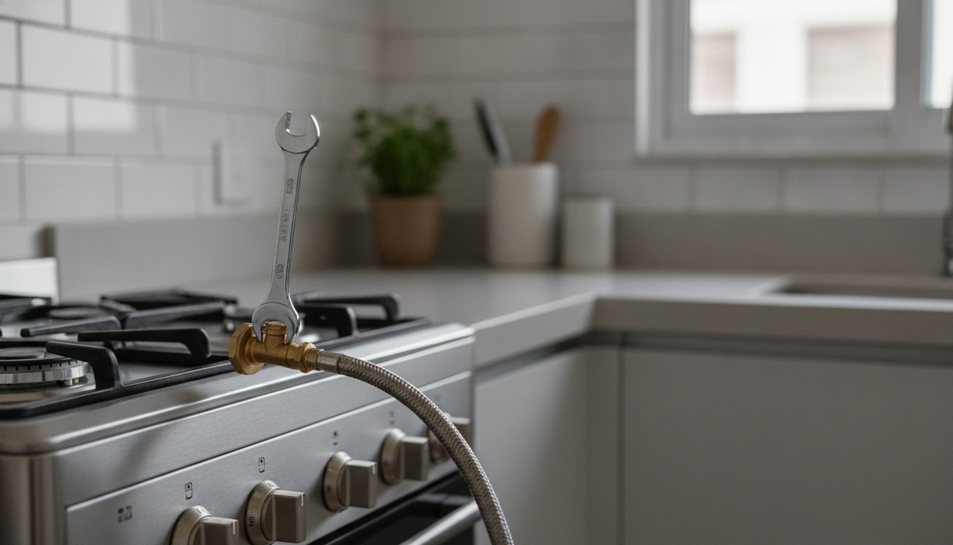 Técnico ajustando a válvula de conexão de um fogão a gás em uma cozinha.