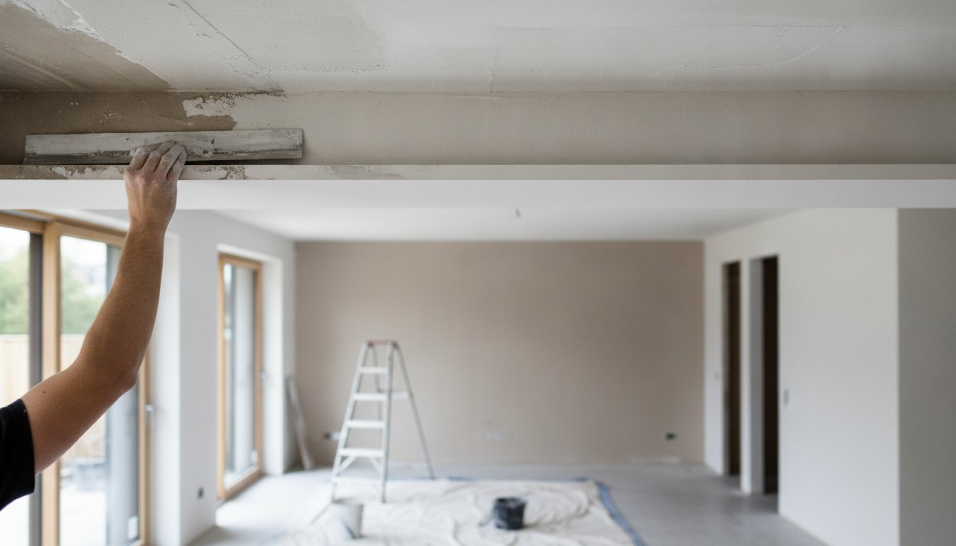 Profissional alisando o acabamento de uma sanca de gesso no teto de uma sala.