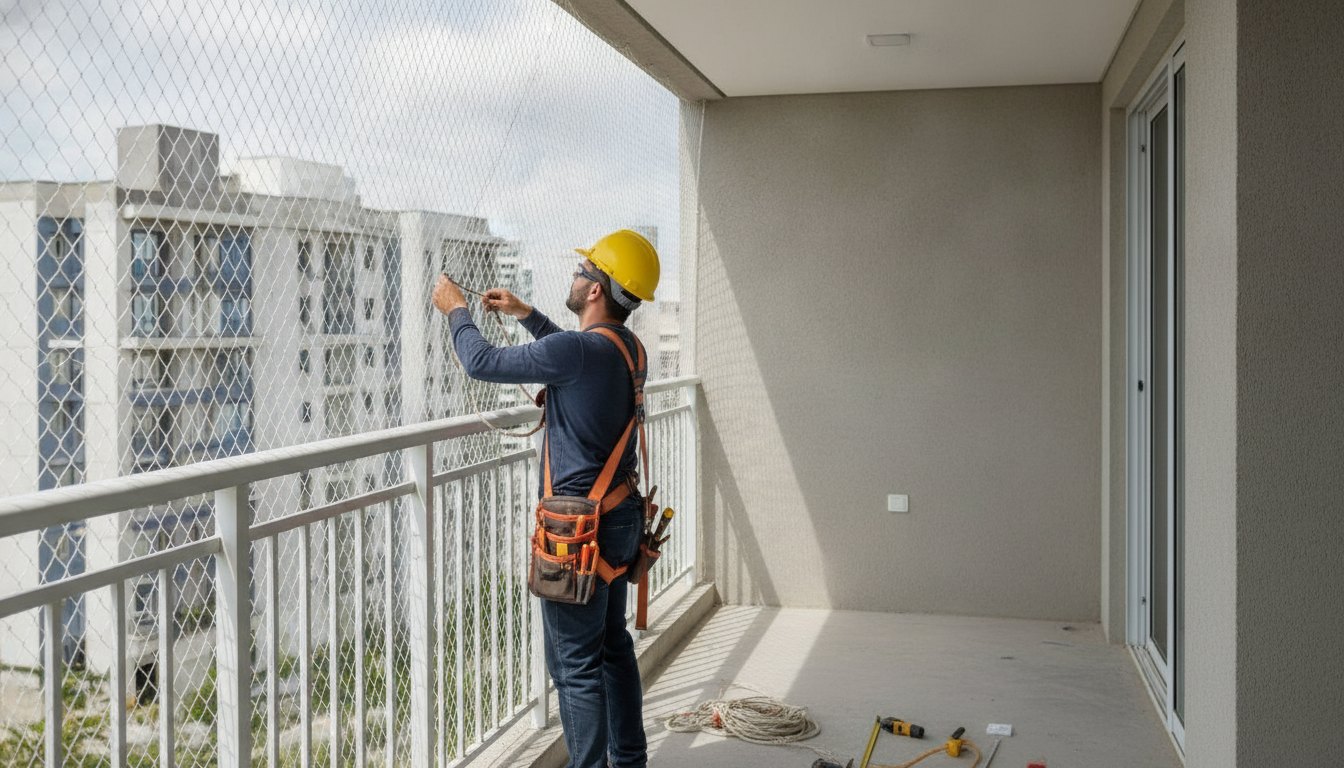 Operário com equipamento de segurança instalando rede de proteção em uma varanda de apartamento