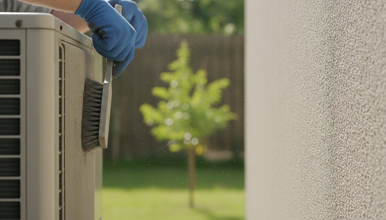 Técnico com luvas limpando as aletas de uma unidade externa de ar-condicionado residencial na parede.