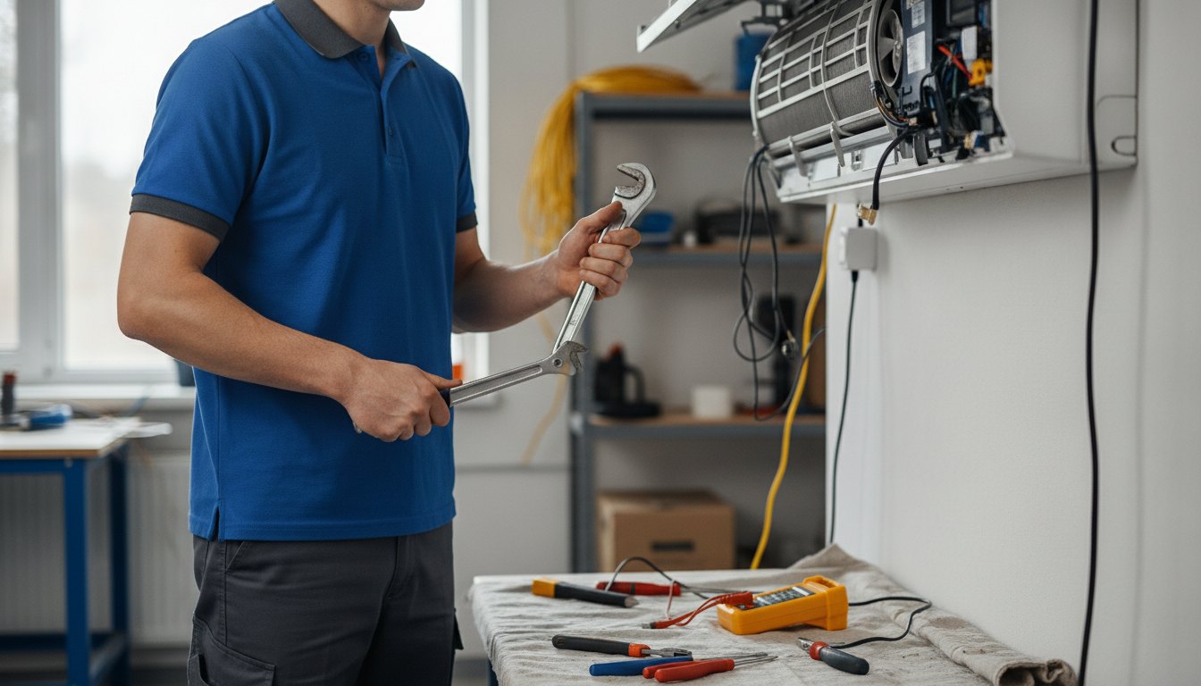 Técnico com uniforme segurando ferramentas diante de um ar-condicionado de parede aberto para manutenção.