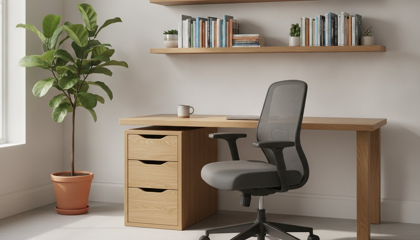 Mesa de escritório em madeira com gaveteiro lateral, cadeira ergonômica e prateleiras com livros.