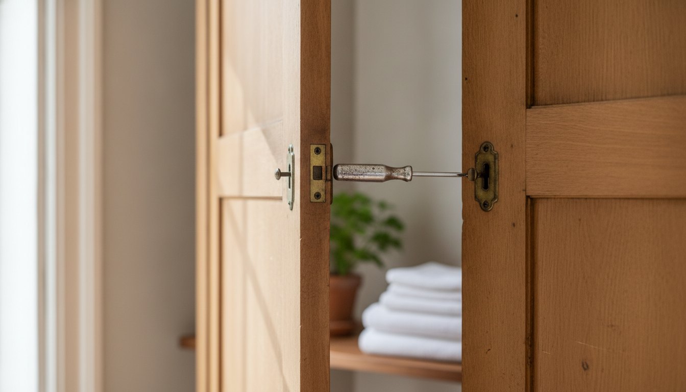 Guarda-roupa de madeira com portas abertas sendo ajustado com uma chave de fenda metálica.