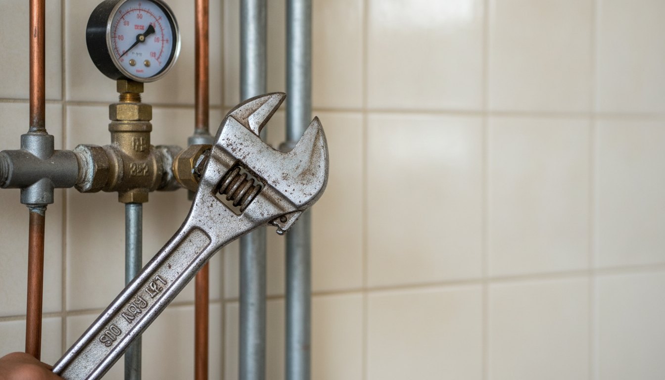 Mãos segurando uma chave inglesa ajustando um registro metálico exposto em uma parede com azulejos claros.
