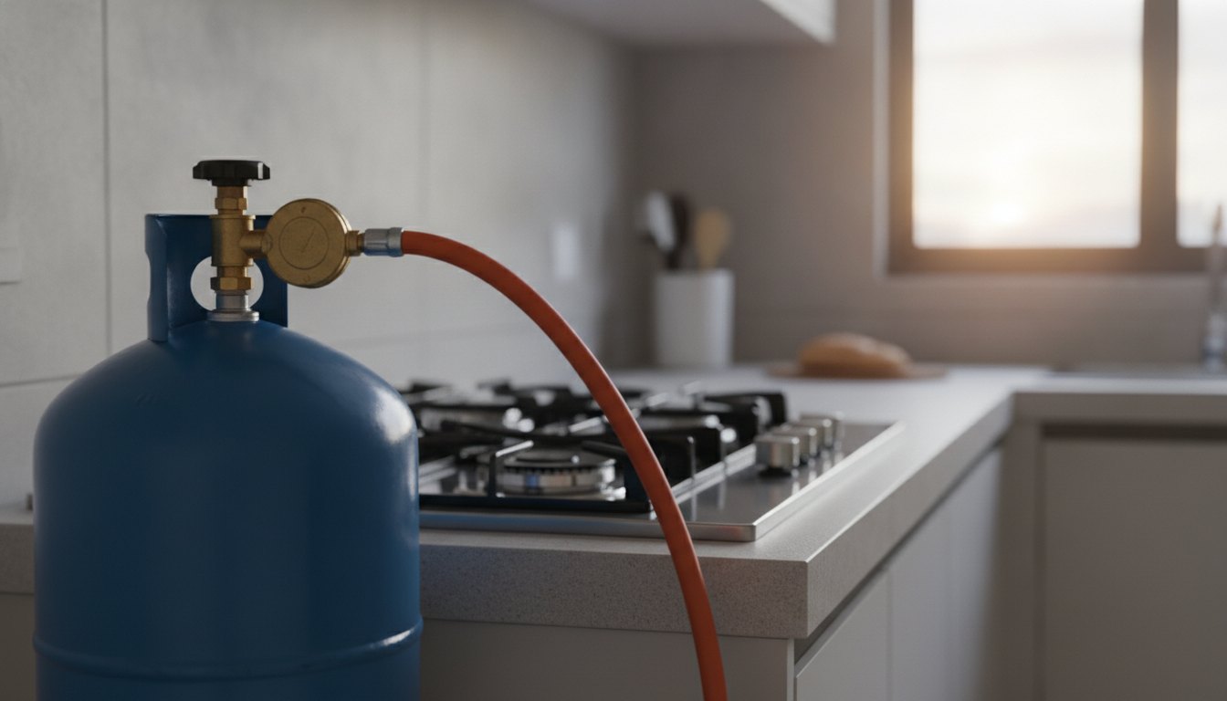 Botijão de gás acoplado a um fogão com mangueira e regulador em uma cozinha residencial.