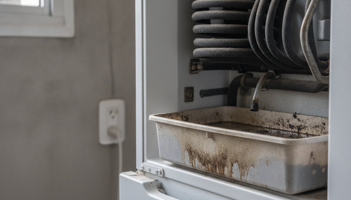 Bandeja coletora de água na parte traseira de um refrigerador com marcas de acúmulo de sujeira.