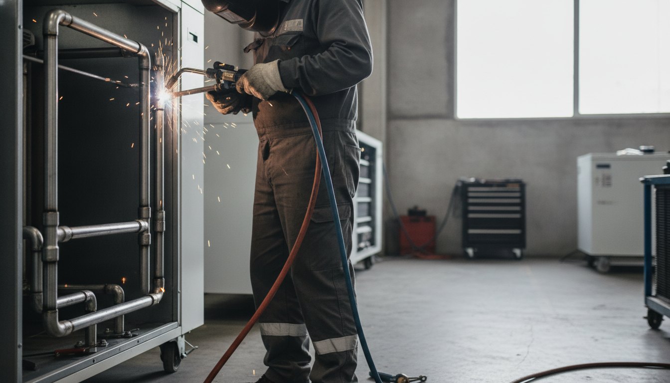 Técnico de manutenção utilizando um maçarico para soldar a tubulação metálica na parte traseira do refrigerador.