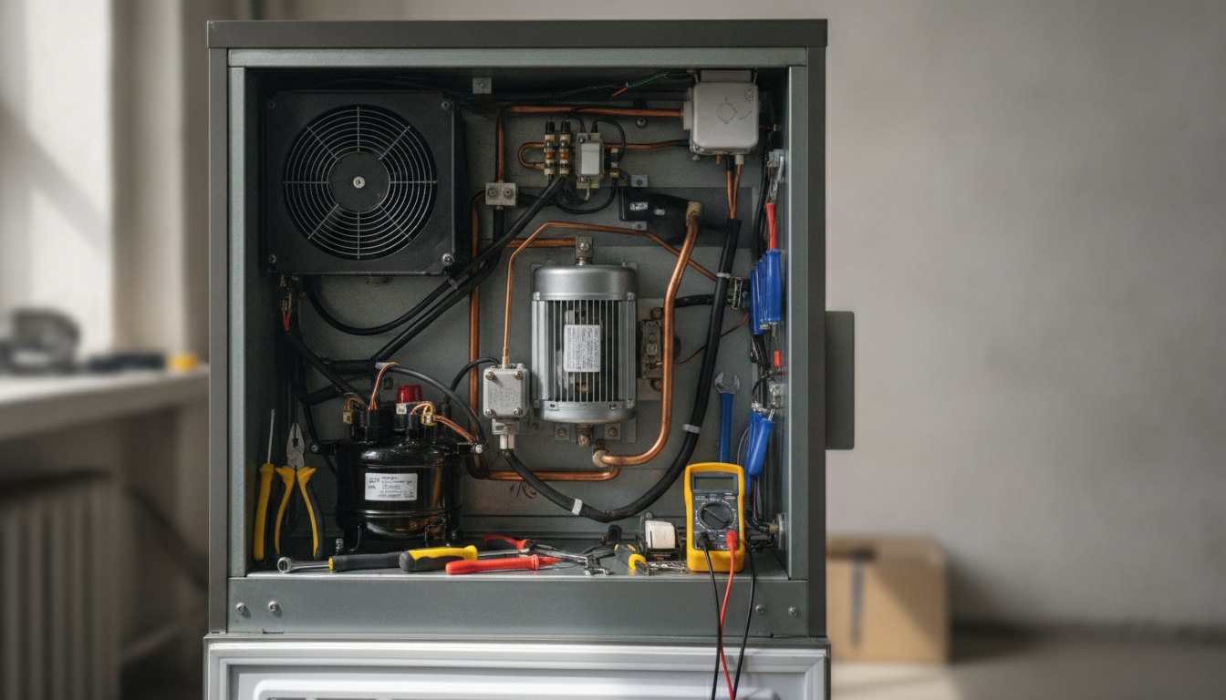 Técnico inspeciona o motor na parte traseira de uma geladeira com ferramentas.